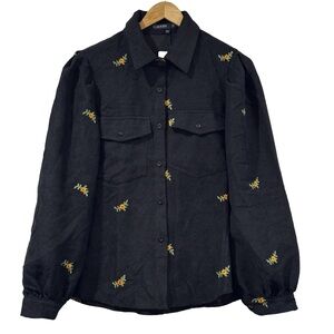 Kojooin Floral Embroidery Black Button Down Shirt Size Small